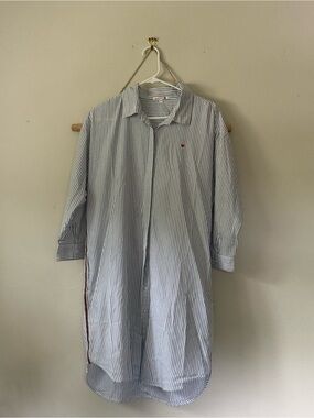 Sundry Blue & White Pinstripe Shirt Midi Dress with Red Accent